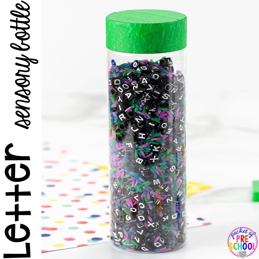 Letter Sensory Bottle (rice and letter beads) and a FREE letter hunt printable to make learning letters FUN for preschool, pre-k, and kindergarten.