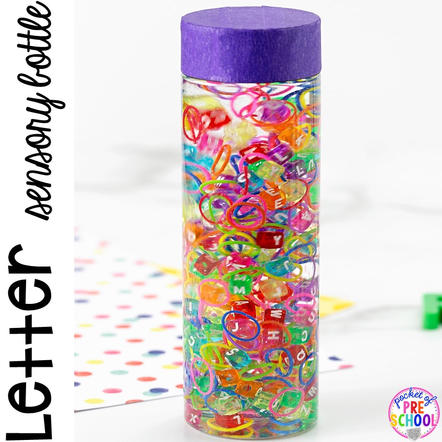 Letter Sensory Bottle (loom bands, water, letter beads) and a FREE letter hunt printable to make learning letters FUN for preschool, pre-k, and kindergarten.