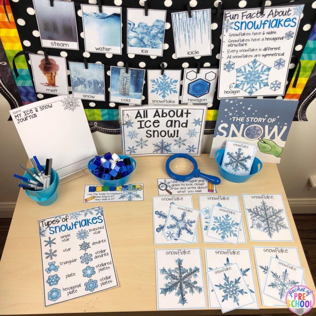 Ice and snow science table in a preschool classroom! explore and investigate snow and ice for a winter or polar animal theme. #preschool #prek #preschoolscience #iceexperiments #wintertheme