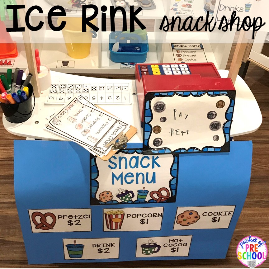 Ice rink snack shop stand! Customers have to buy the skates.  Both roles are counting the money, another fun math experience!  Then the customers try on their skates and go skating!  The best way I have found to support their play is to pretend right there with them!  Be the ice skater or the attendant yourself!  You can coach and support their pretend play just like you do their literacy or math play at their own individual level!