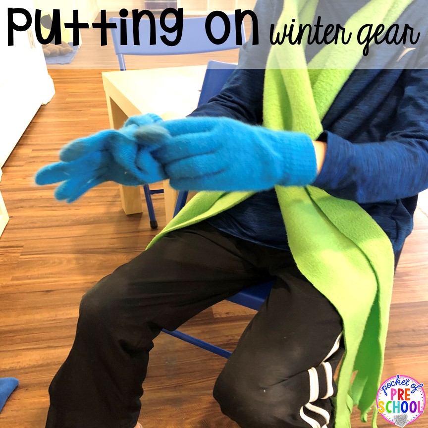 Self help skills - practice putting on gloves and mittens during pretend play at the Ice Rink! 