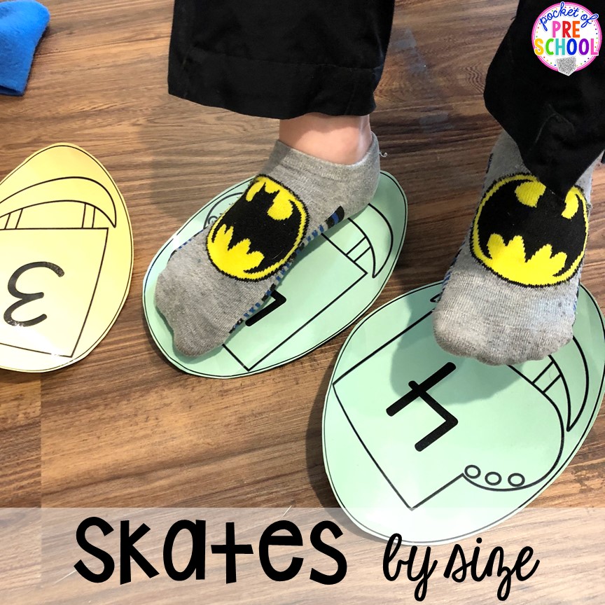Measuring by size with ice skates at the pretend Ice Rink in the dramatic play center. How to make an Ice Skating Rink Dramatic Play for Preschool, Pre-K, & Kindergarten classrooms. #dramaticplay #pretendplay #wintertheme #prek #preschool