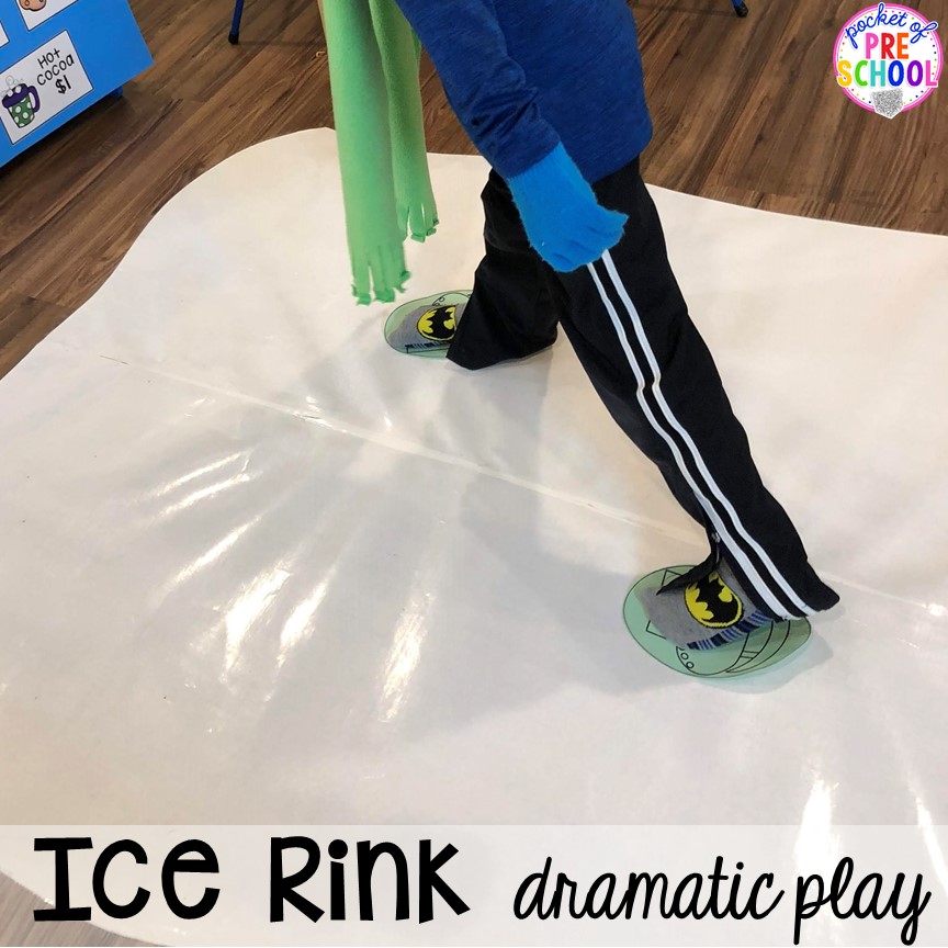 How to make the ice at the ice rink in the dramatic play center! A fun way to add gross motor into preschool, pre-k, or kindergarten students pretend play!