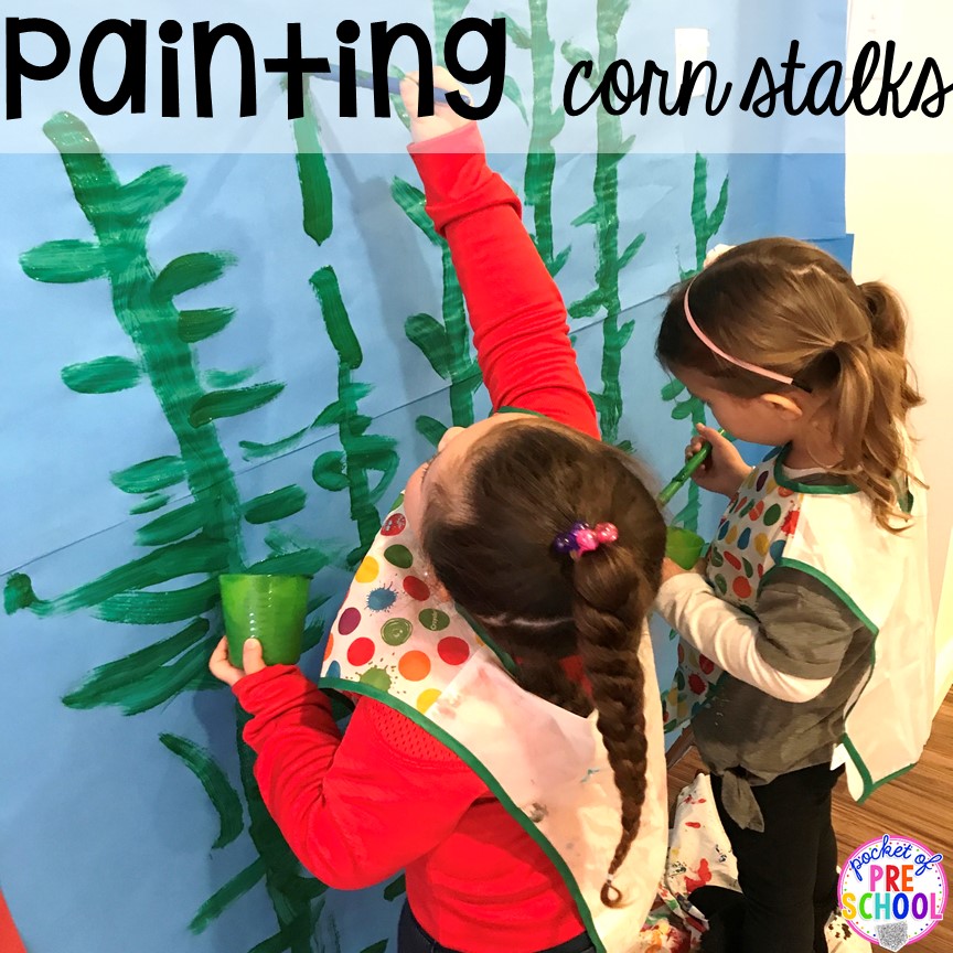 Painting the background for the farm. Tips, tricks, and ideas to change your dramatic play center into a FARM! Perfect for preschool, pre-k, and kindergarten classrooms. #farmtheme #dramaticplay #pretend
