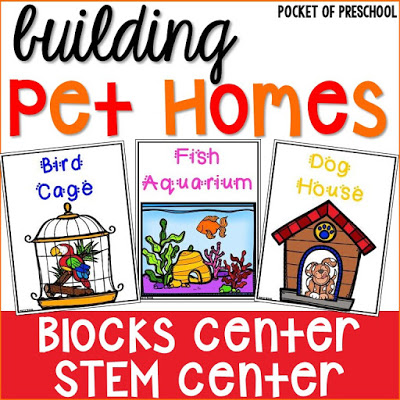 Blocks Center: Pet Home STEM challenge posters (FREEBIE) for preschool, pre-k, kindergarten, and first. Fun for a pet theme.