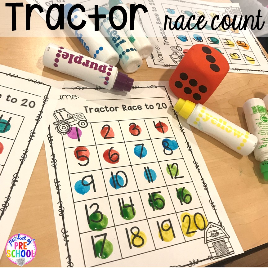 Tractor race counting game plus more fun farm math & science activities for my preschool, prek, and kindergarten kiddos. #farmtheme #preschool
