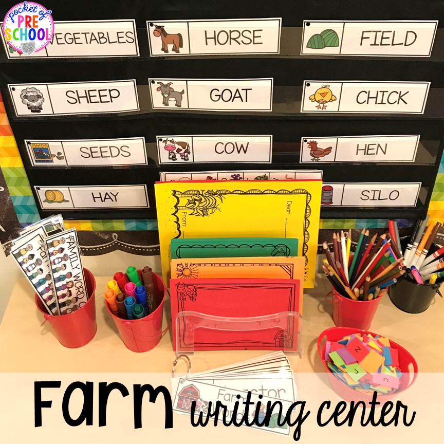 Farm writing center plus more fun farm literacy activities for my preschool, prek, and kindergarten kiddos. #farmtheme #preschool