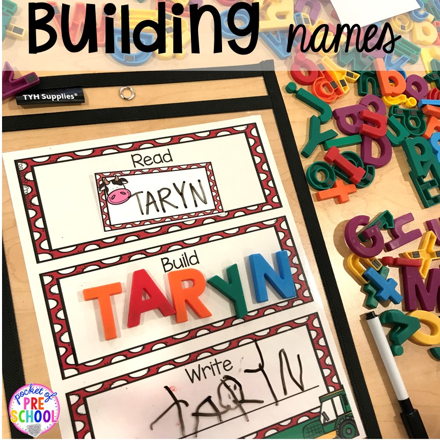 Building names farm style plus more fun farm literacy activities for my preschool, prek, and kindergarten kiddos. #farmtheme #preschool