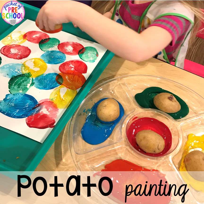 Potato painting plus tons of farm themed art, sensory, and fine motor activities for preschool & pre-k. #farmtheme #preschool #pre-k #pocketofpreschool