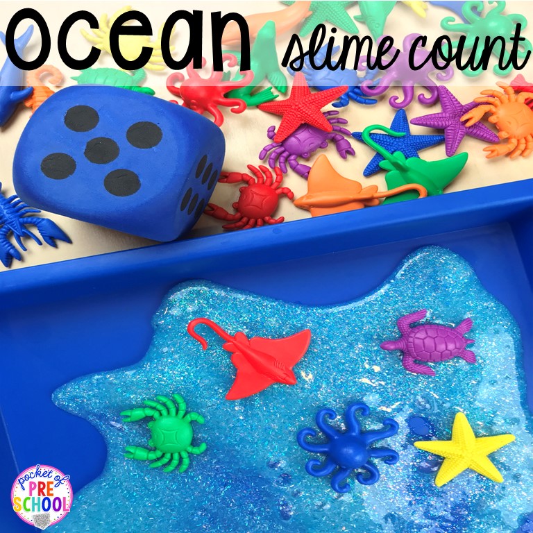Ocean slime with counters! Ocean theme activities and centers for preschool, pre-k, and kindergarten (math, liteacy, sensory, fine motor, STEM). #oceantheme #preschool #prek #beachtheme