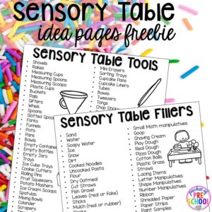 FREE sensory table lists for lesson planning! Sensory table ideas - sensory filler list, sensory tools list plus how to make it meaningful play in your preschool, pre-k, or kindergarten classroom.