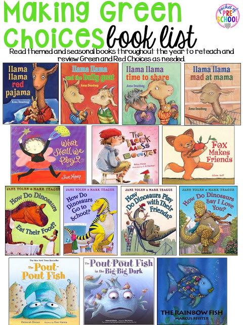 Book List for teaching good choices! Green and red choice behavior management techniques (posters, songs, individual choice boards, class books, and children's books to support) perfect for preschool, pre-k, and kindergarten