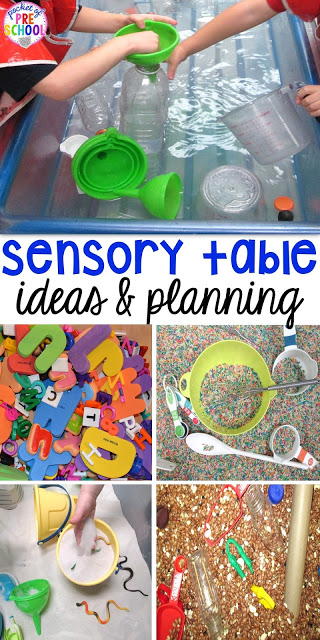 Sensory table ideas - sensory filler list, sensory tools list plus how to make it meaningful play in your preschool, pre-k, or kindergarten classroom.