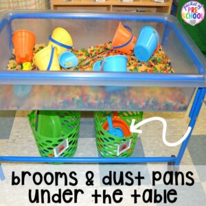 Sensory table hack for clean up! Sensory table ideas - sensory filler list, sensory tools list plus how to make it meaningful play in your preschool, pre-k, or kindergarten classroom.
