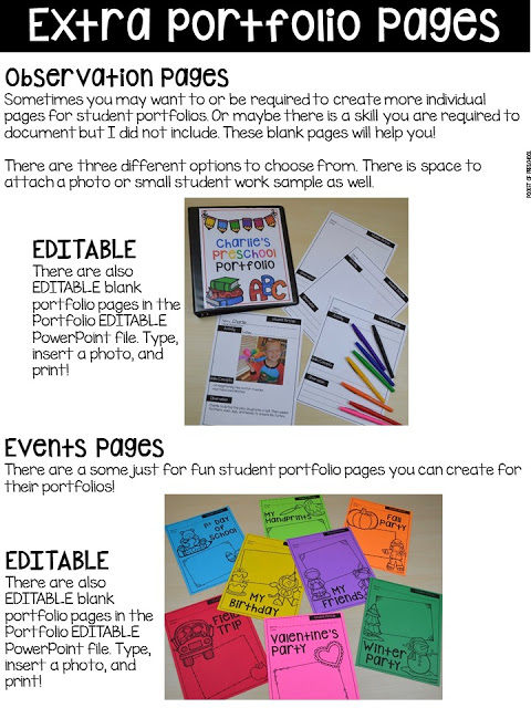 Editable observation pages! Make assessments & portfolios easy and manageable! Just print, assess, record, and file! Perfect for preschool, pre-k, and kindergarten.