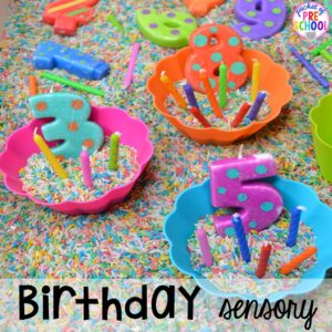 Birthday sensory table! Sensory table ideas - sensory filler list, sensory tools list plus how to make it meaningful play in your early childhood classroom