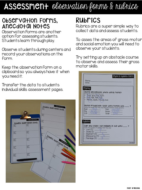 Make assessments & student portfolios easy and manageable using anecdotal notes & rubrics! Just print, assess, record, and file! Perfect for preschool, pre-k, and kindergarten