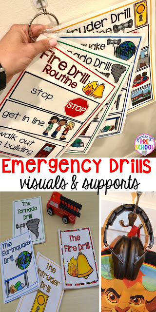 Fire, Earthquake, Tornado, & Intruder Drills - Visuals and supports to make emergency drills less stressful and scary for kids in your preschool, pre-k, and kindergarten classrooms. 