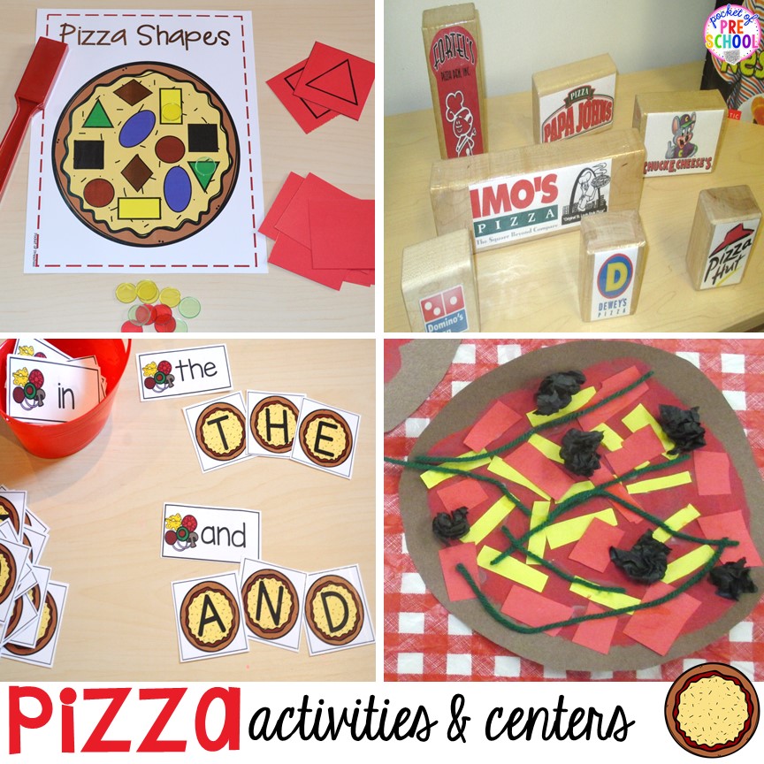 Pizza themed math, literacy, blocks, STEM, fine motor, art, and sensory centers for preschool, pre-k, and kindergarten