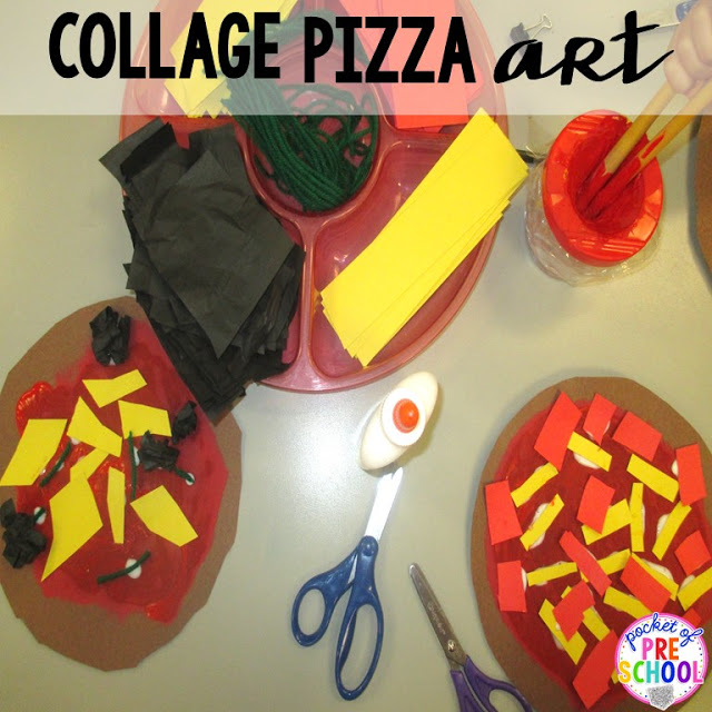 Pizza collage art (great fine motor work) perfect for a pizza theme in a preschool, pre-k, and kindergarten classroom.