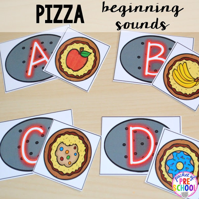 Pizza beginning sounds (aka initial sounds) perfect for a pizza theme in a preschool, pre-k, and kindergarten classroom.