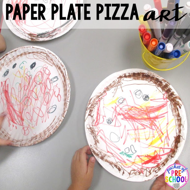 Paper plate pizzas perfect for a pizza theme in a preschool, pre-k, and kindergarten classroom.
