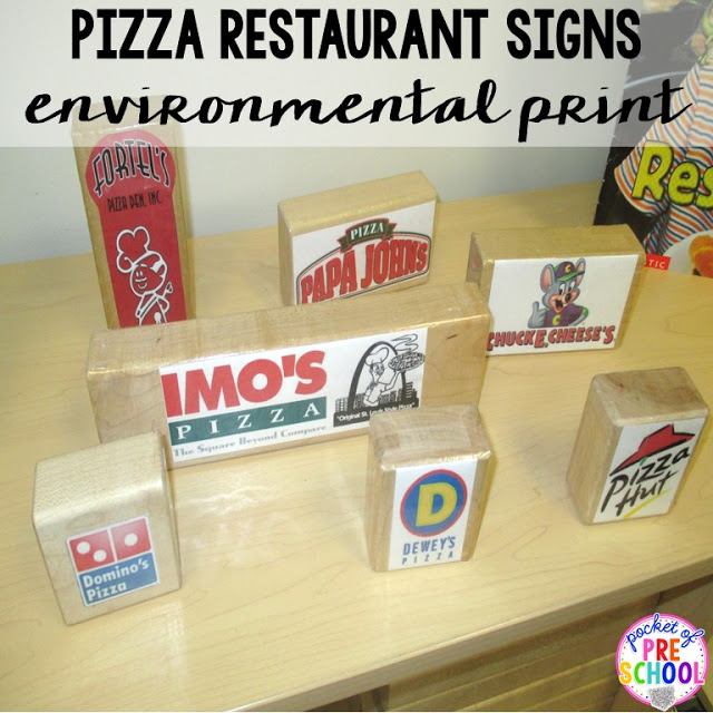 Build pizza restaurants with signs to include environmental print is a fun STEM challenge perfect for a pizza theme in a preschool, pre-k, and kindergarten classroom.