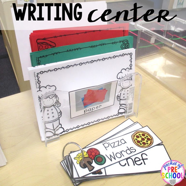 Pizza themed writing center perfect for a pizza theme in a preschool, pre-k, and kindergarten classroom.