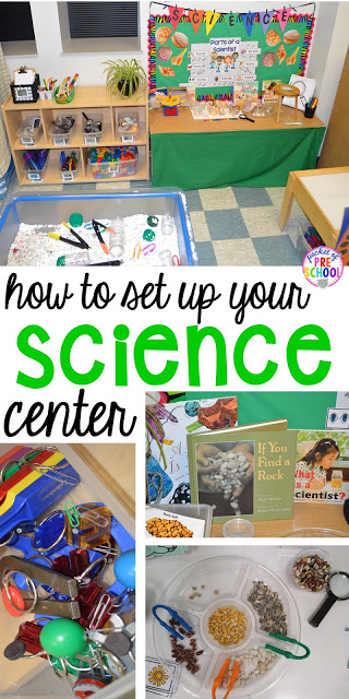 How to set up the science center (with freebies) in your preschool, pre-k, or kindergarten classroom. What tools to use, book list, and what to learn about. 
