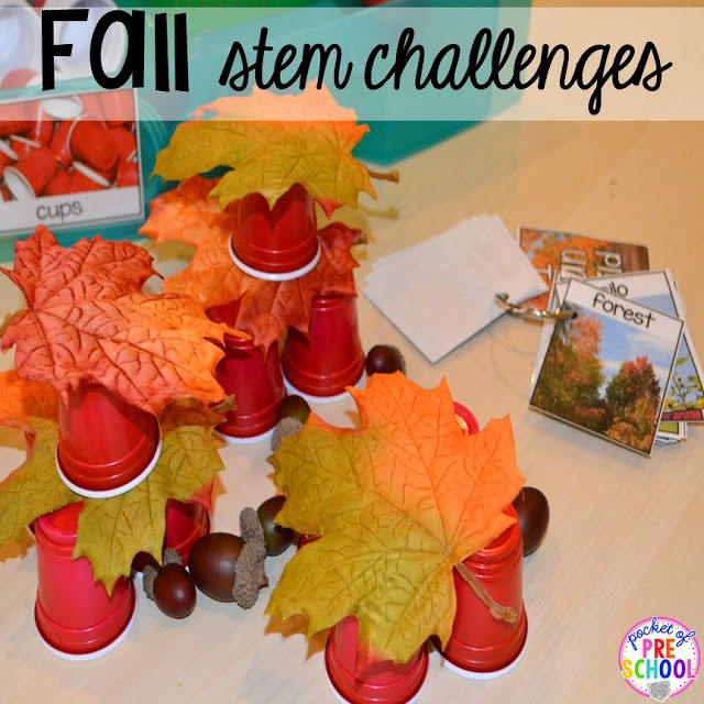 Fall STEM challenges! Fall math, literacy, fine motor, art, sensory, and dramatic play activities for your preschool, pre-k, and kindergarten classroom.