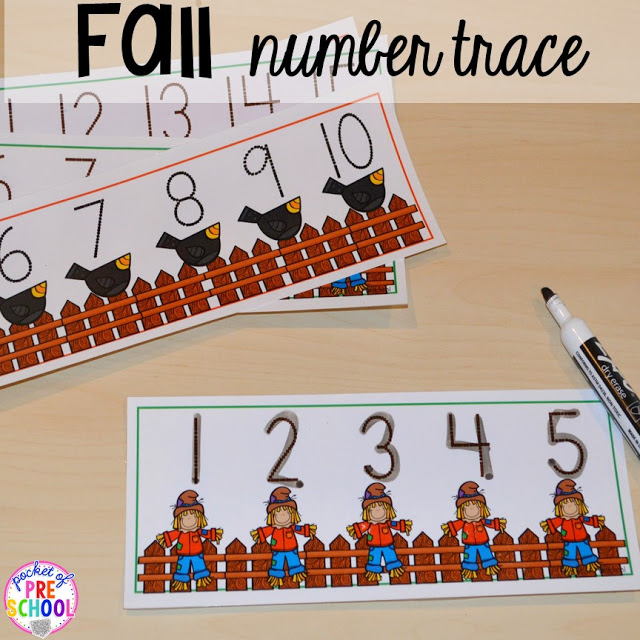 Fall math, literacy, fine motor, art, sensory, and dramatic play activities for your preschool, pre-k, and kindergarten classroom.