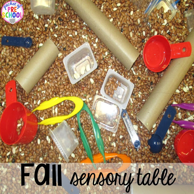 Fall sensory table. Fall math, literacy, fine motor, art, sensory, science, and dramatic play activities for your preschool, pre-k, and kindergarten classroom.