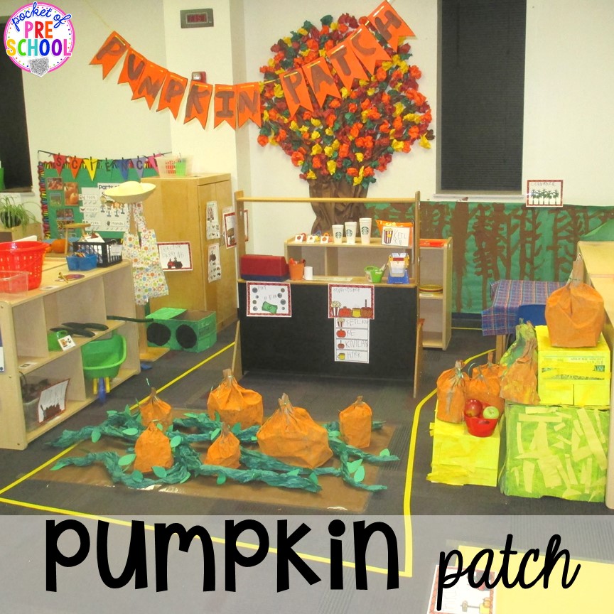 Pumpkin patch dramatic play! Fall math, literacy, fine motor, art, sensory, science, and dramatic play activities for your preschool, pre-k, and kindergarten classroom.