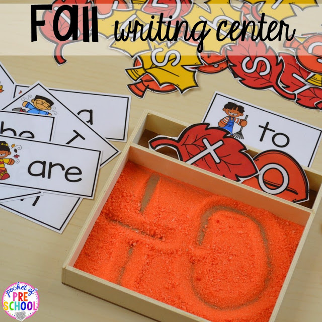 Fall sight word writing tray. Fall math, literacy, fine motor, art, sensory, and dramatic play activities for your preschool, pre-k, and kindergarten classroom.