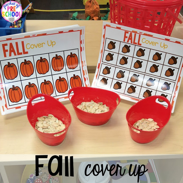 Fall math, literacy, fine motor, art, sensory, and dramatic play activities for your preschool, pre-k, and kindergarten classroom.