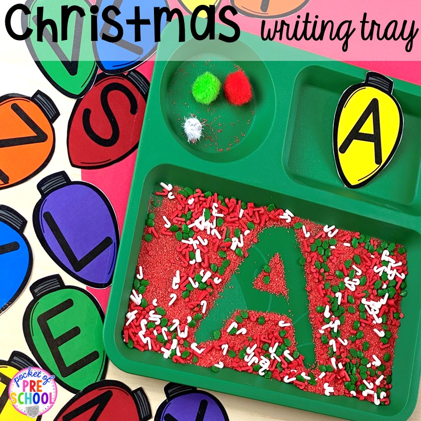 Christmas writng tray with colroed salt and sprinkles! My go to Christmas themed math, writing, fine motor, sensory, reading, and science activities for preschool and kindergarten.