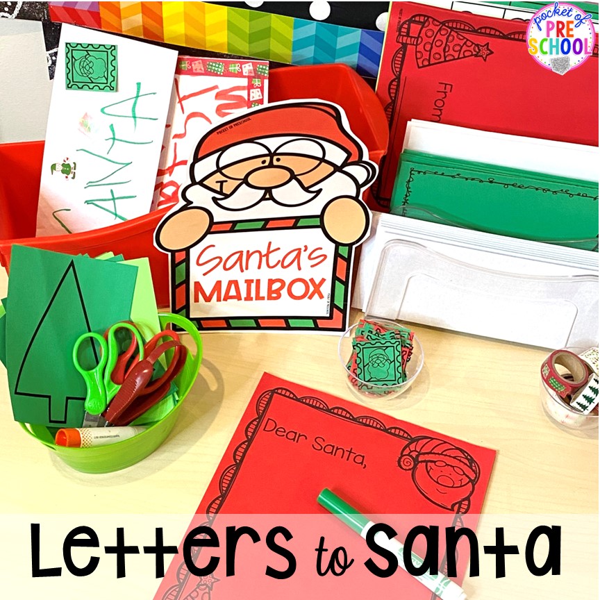 Draw and write letters to Santa in the Christmas writing center! My go to Christmas themed math, writing, fine motor, sensory, reading, and science activities for preschool and kindergarten.
