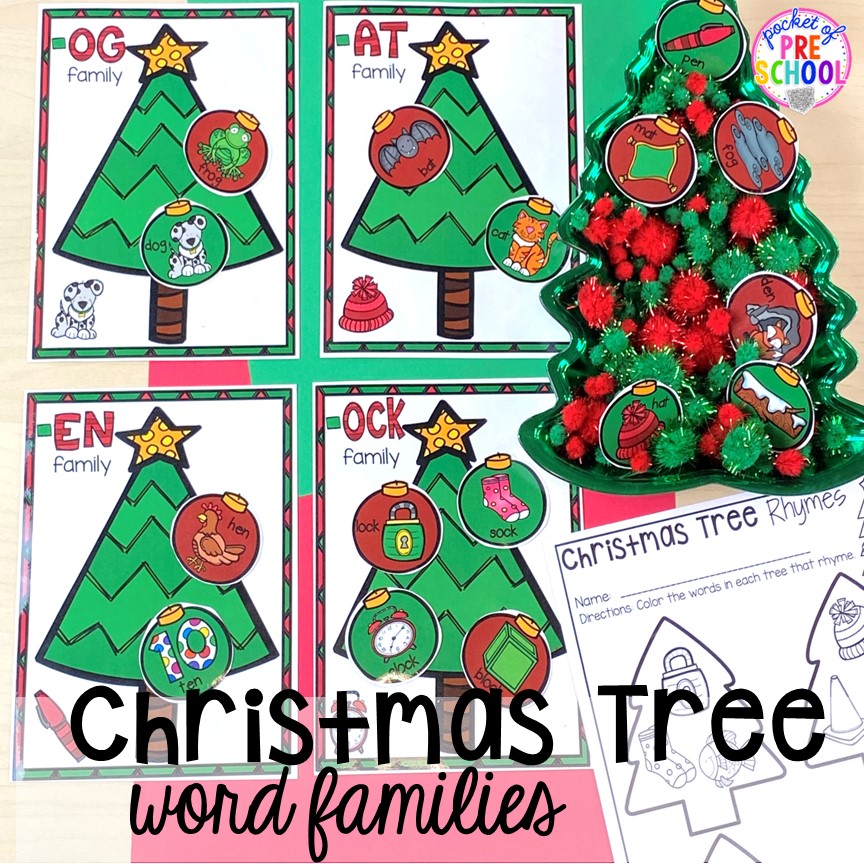 Christmas tree rhyme activity! My go to Christmas themed math, writing, fine motor, sensory, reading, and science activities for preschool and kindergarten.