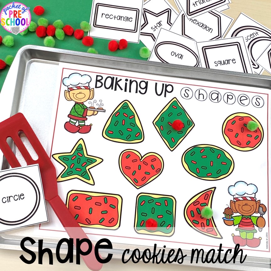 2D Shape christmas cookie activity! My go to Christmas themed math, writing, fine motor, sensory, reading, and science activities for preschool and kindergarten.