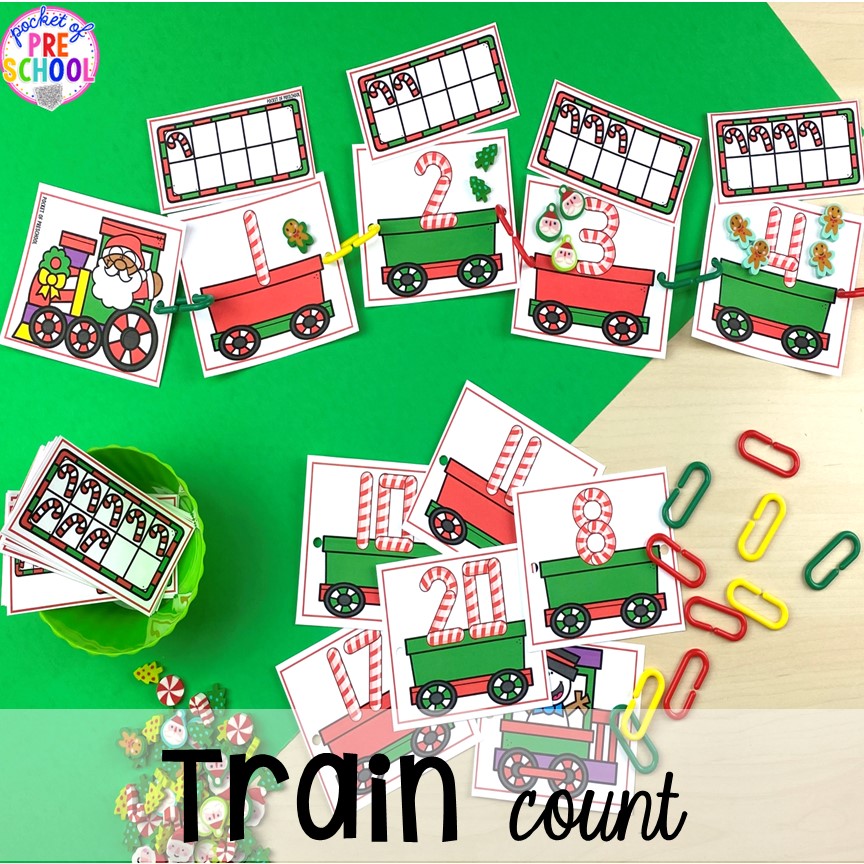 Train count using math links: count on to create the Christmas train! My go to Christmas themed math, writing, fine motor, sensory, reading, and science activities for preschool and kindergarten.