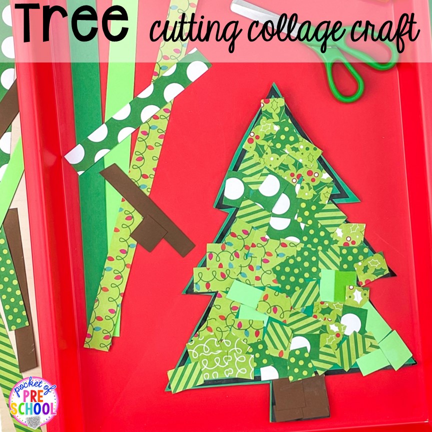 Christmsa Tree cutting collage craft! My go to Christmas themed math, writing, fine motor, sensory, reading, and science activities for preschool and kindergarten.