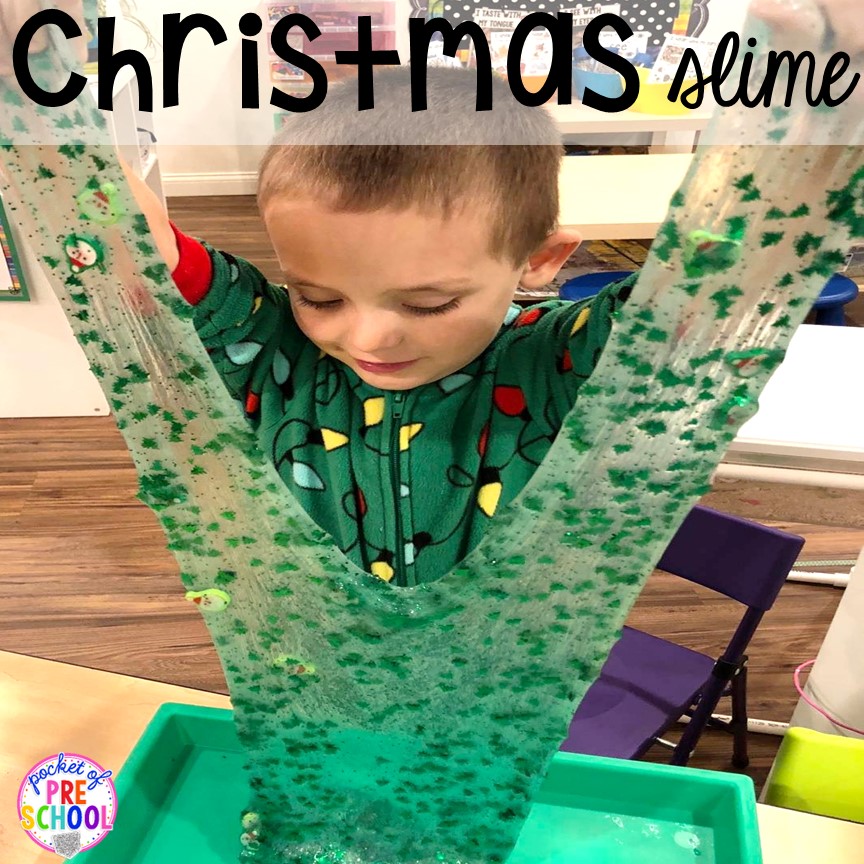 Christmas slime! My go to Christmas themed math, writing, fine motor, sensory, reading, and science activities for preschool and kindergarten.