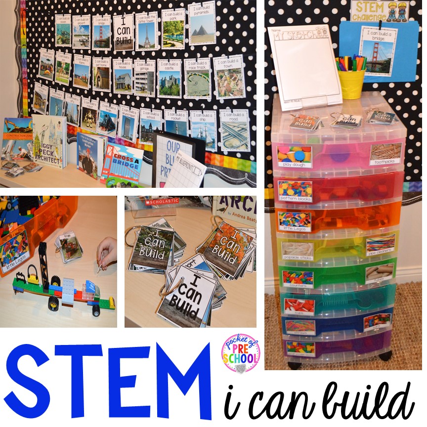 STEM building challenges for preschool, pre-k, kindergarten, and first grade. Simple, easy to implement STEM activities even if you have a small classroom.