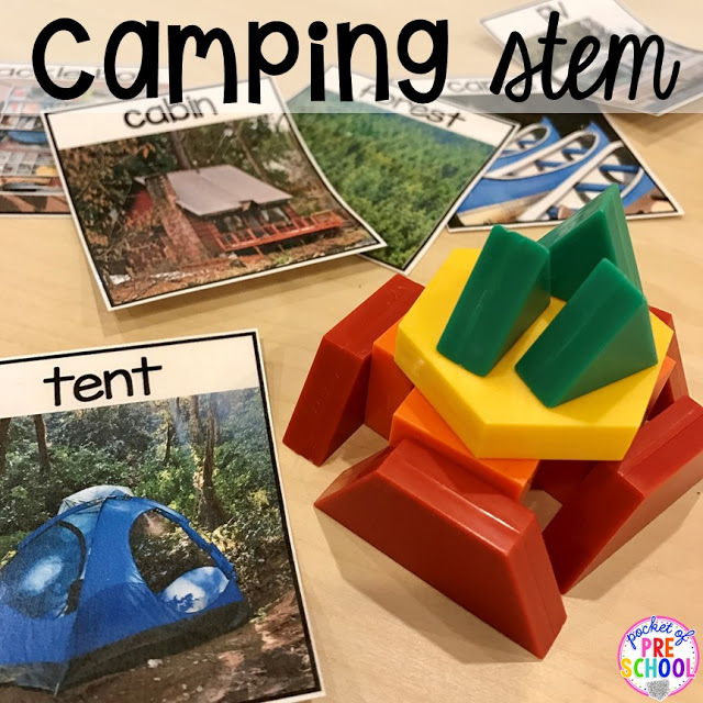 Camping STEM challenges and more camping themed centers and activities for preschool, pre-k, and kindergarten students.