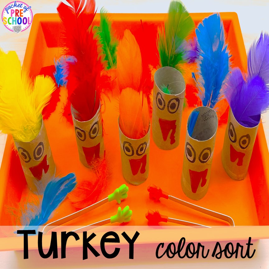 Turkey Color Sort! Thanksgiving and turkey themed activities and centers for preschool, pre-k, and kindergarten. (math, literacy, fine motor, character, and more).