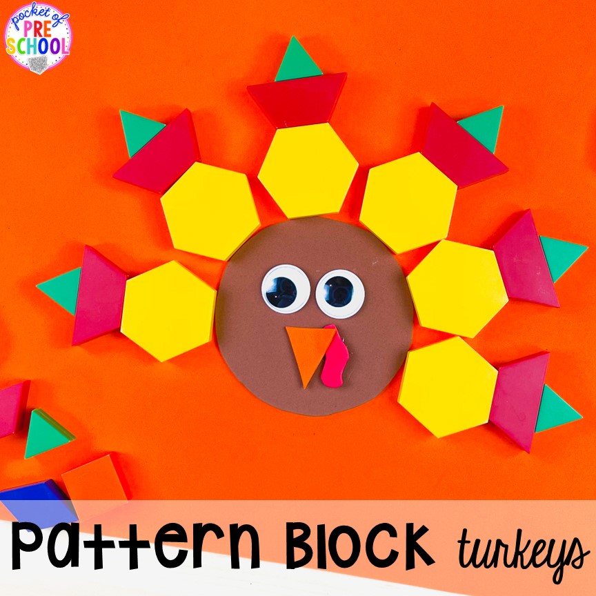 Pattern Block Turkeys! Thanksgiving and turkey themed activities and centers for preschool, pre-k, and kindergarten. (math, literacy, fine motor, character, and more).