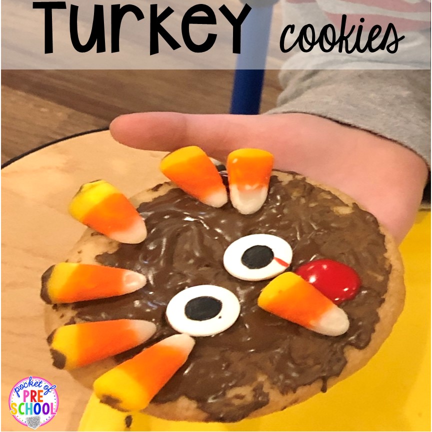 Turkey Cookies! Thanksgiving and turkey themed activities and centers for preschool, pre-k, and kindergarten. (math, literacy, fine motor, character, and more).