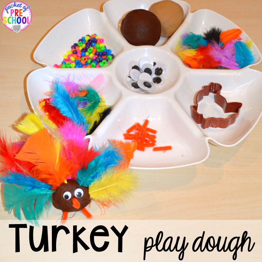 Thanksgiving Turkey Play Dough Tray! Thanksgiving and turkey themed activities and centers for preschool, pre-k, and kindergarten. (math, literacy, fine motor, character, and more).