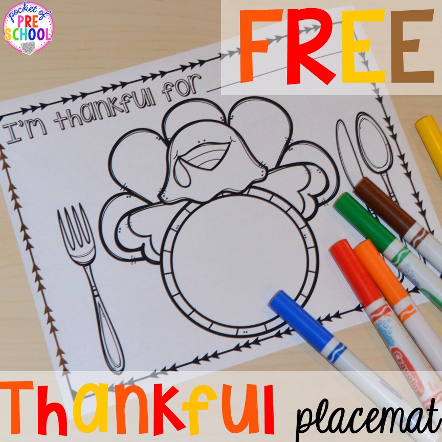 Thankful Placemat! Thanksgiving and turkey themed activities and centers for preschool, pre-k, and kindergarten. (math, literacy, fine motor, character, and more).