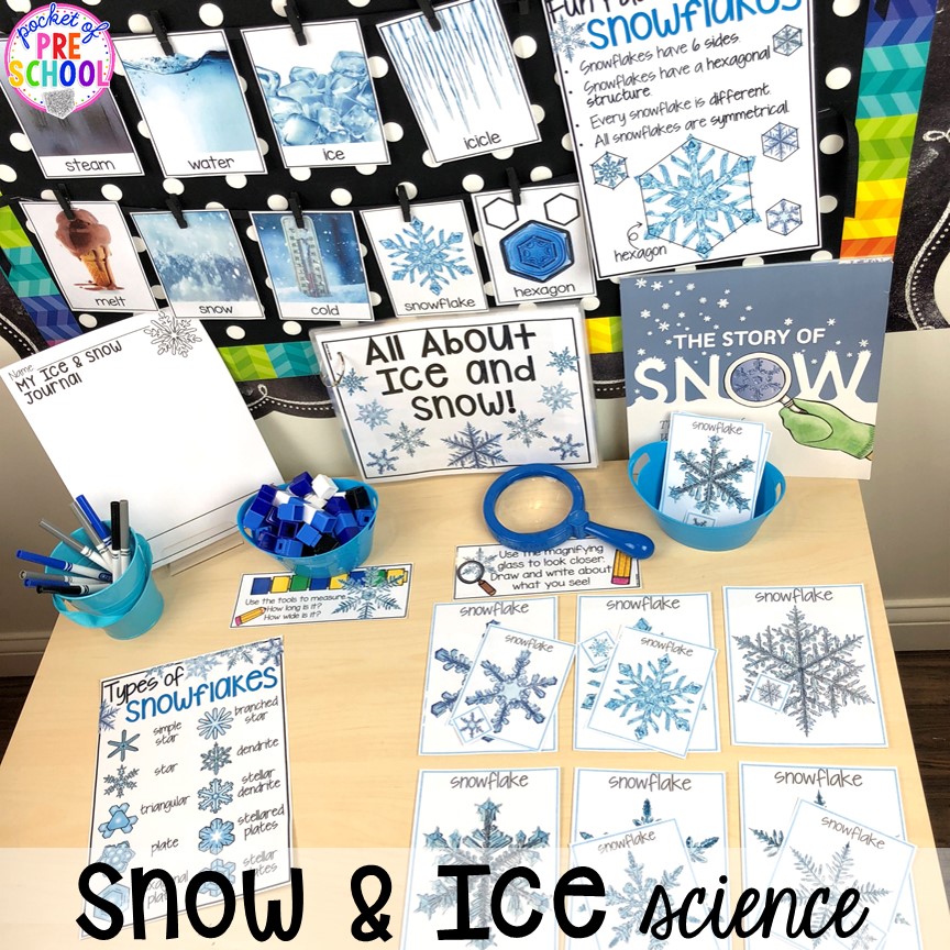 Snow and ice science table exploration! Winter themed activities and centers for a preschool, pre-k. or kindergarten classroom. #winteractivities #wintercenters #preschool #prek